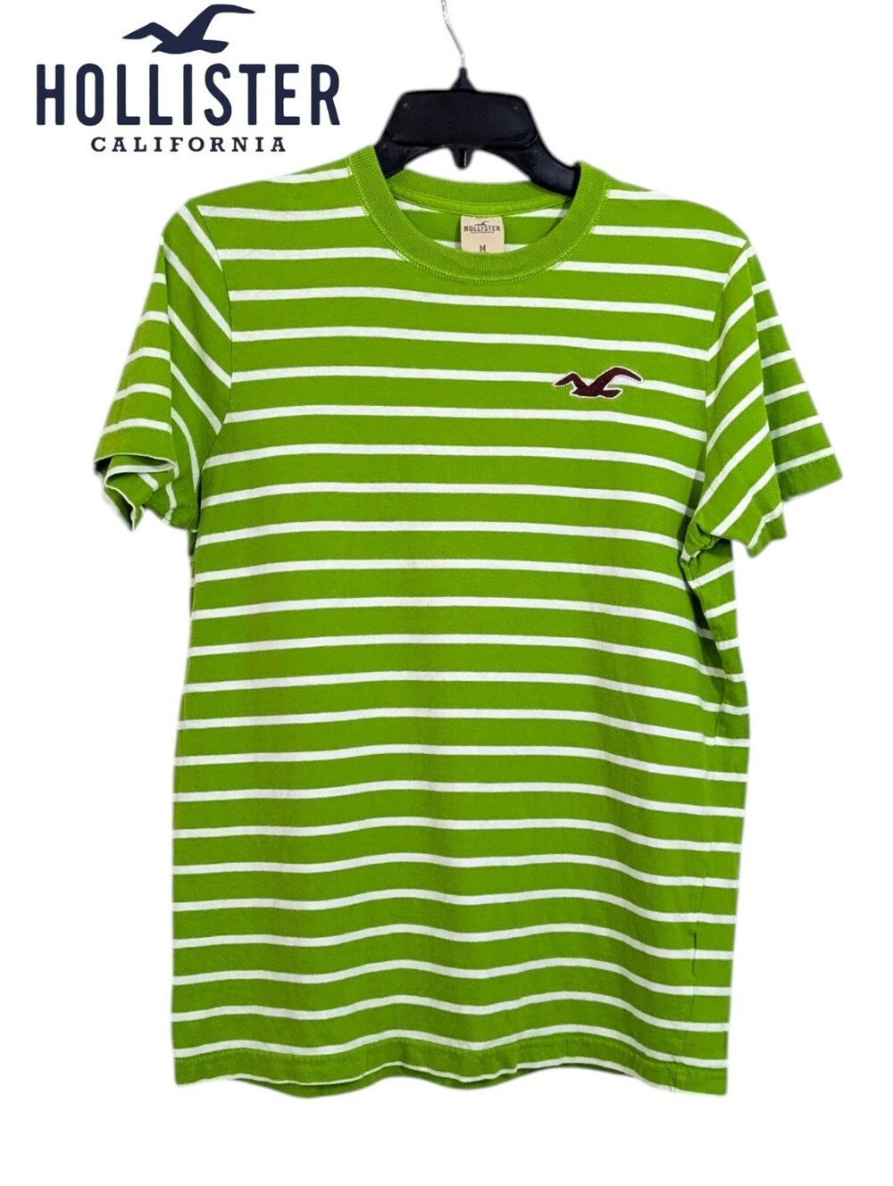 Hollister Green & White Striped Tee - Size Medium Mens T-shirt